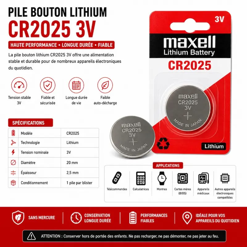 Pile Bouton Lithium Maxell CR2025 3V