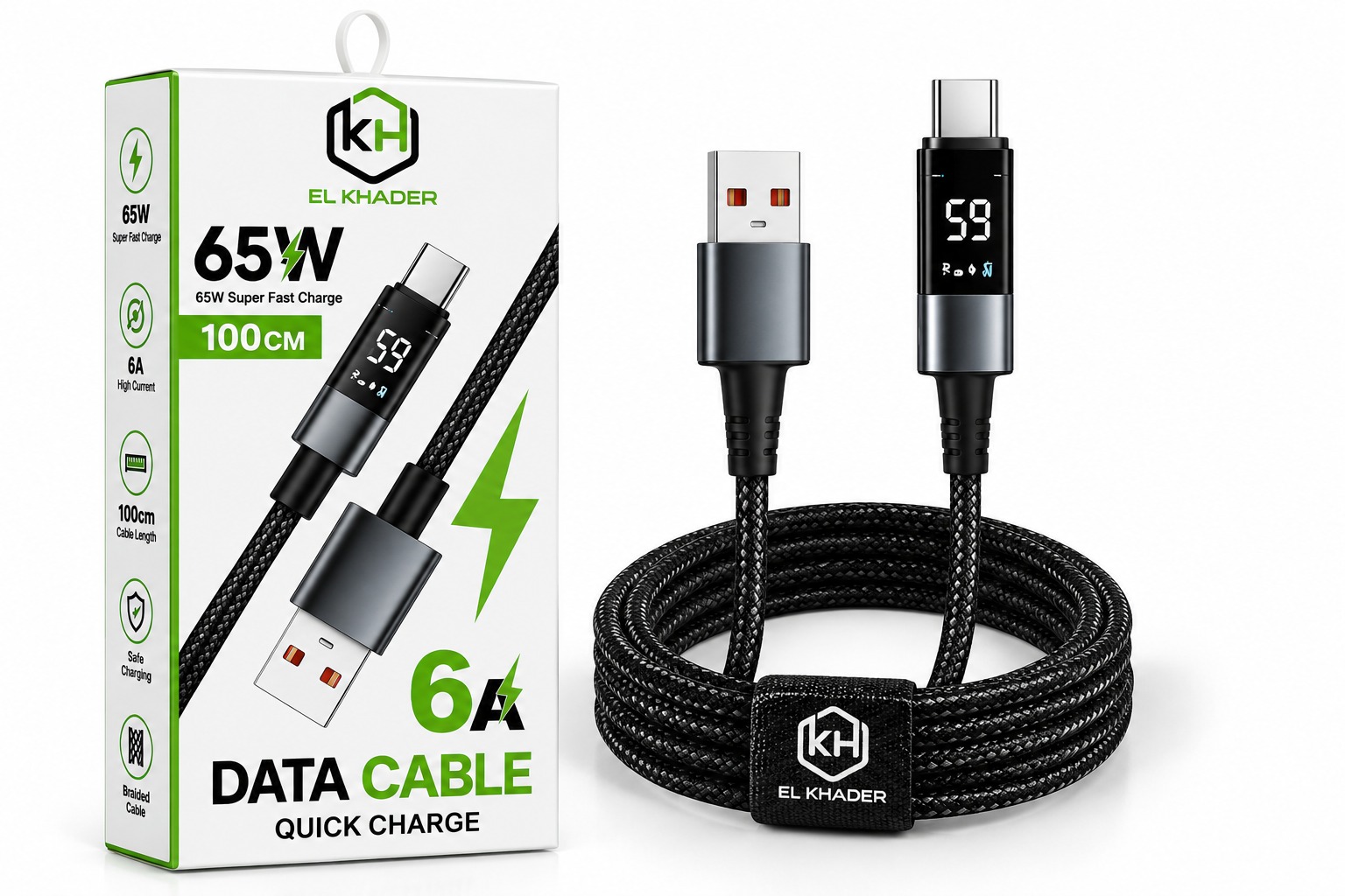 Câble de Charge Rapide EL KHADER 65W - 6A (1 Mètre)